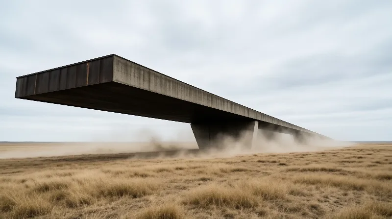 A massive concrete structure floats above dry yellow grass with dust rising near its support column under a cloudy grey sky.