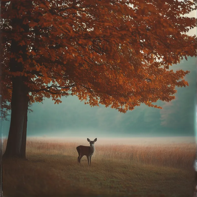 A lone deer stands in a misty field beneath the vibrant orange branches of a large oak tree.
