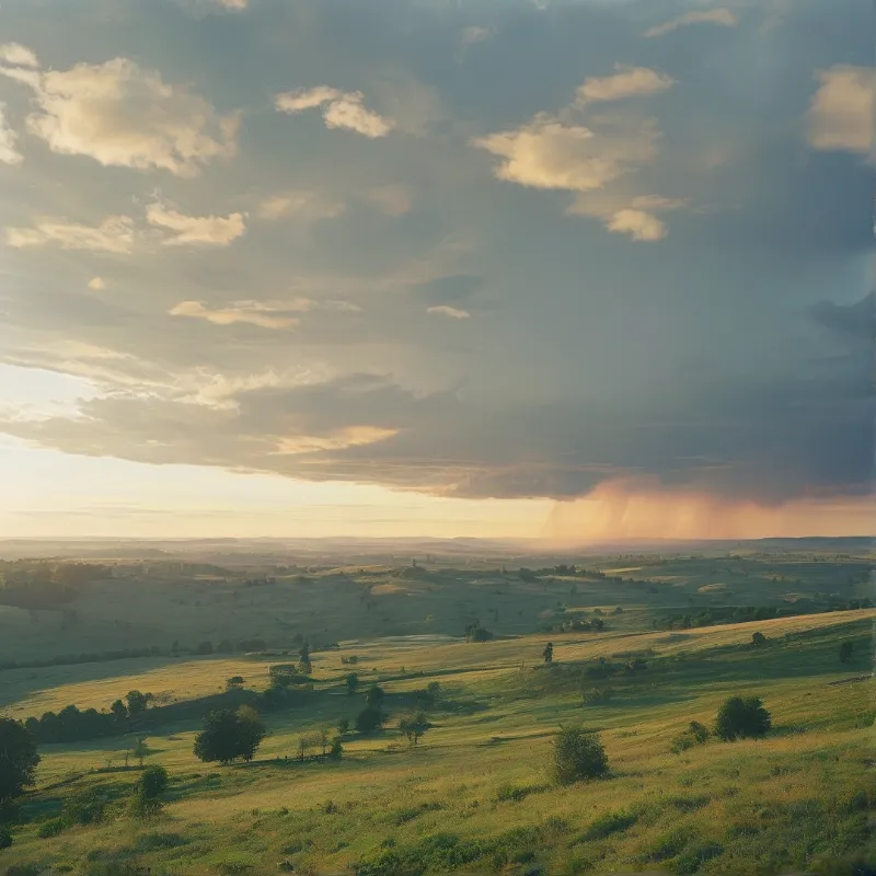 Green rolling hills landscape under a vast sky with golden sunlight breaking through dark clouds and distant rain.