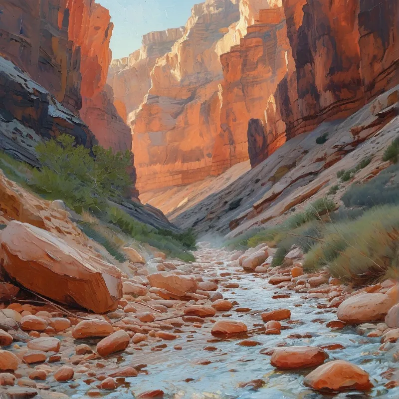 A shallow stream tumbles over smooth boulders between towering red canyon walls in warm light.
