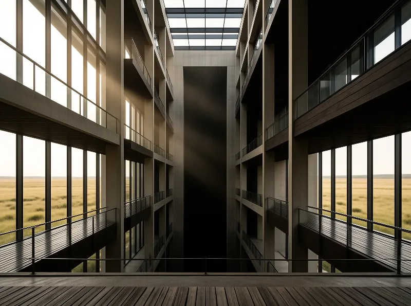 Sunlight illuminates wooden walkways and glass railings within a multi-story building overlooking a flat golden field.