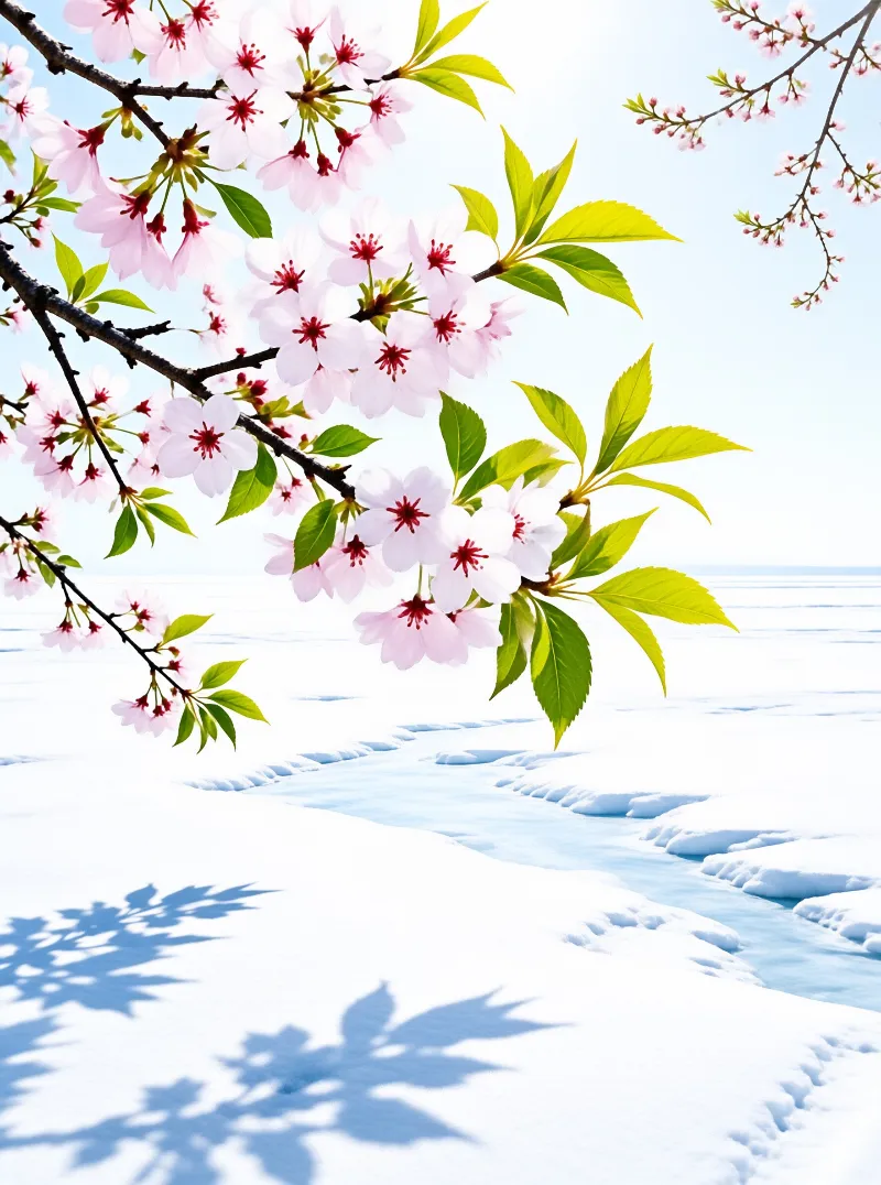Pink cherry blossoms hang above a white snowy ground where blue shadows are cast by bright sunlight.
