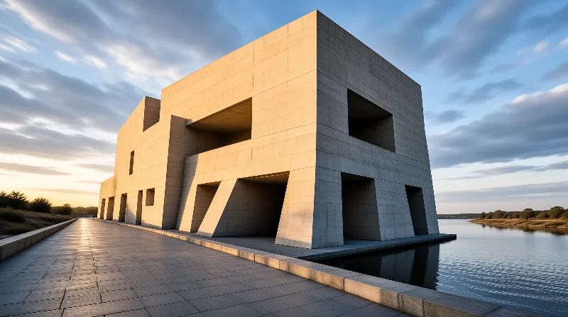 A stone geometric museum with open recesses stands beside a river along a paved walkway under warm low sunlight.