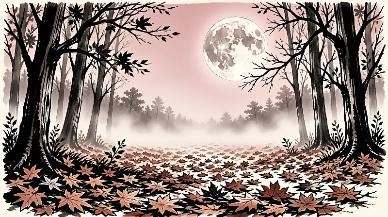 A large moon hangs above a misty forest filled with dark trees and fallen autumn leaves.