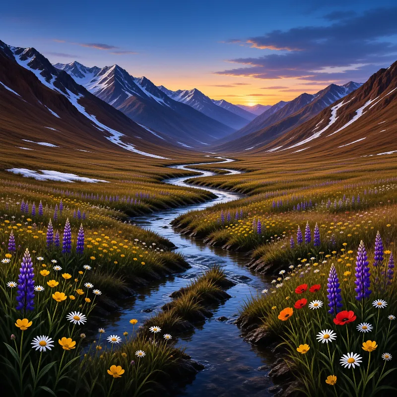A winding brook cuts through a blooming alpine meadow toward snow capped peaks glowing in warm evening light.