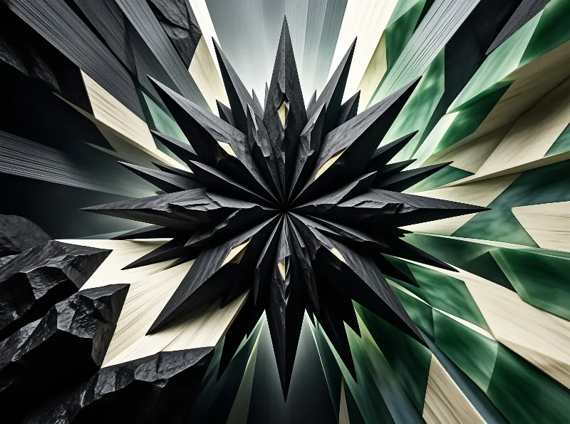 A dark jagged crystal formation bursts from the center against a background of pale green and cream geometric shards.