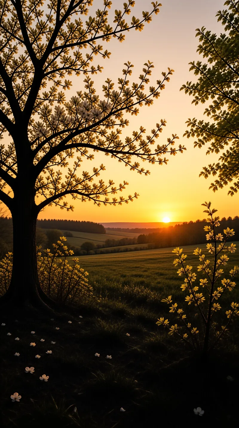 Tree silhouette frames rolling hills while white flowers scatter across the foreground under a glowing orange sunset sky.
