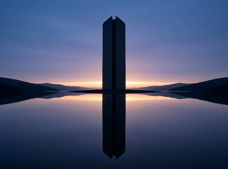 A dark vertical structure stands in calm water, reflecting a twilight sky with an orange horizon line.