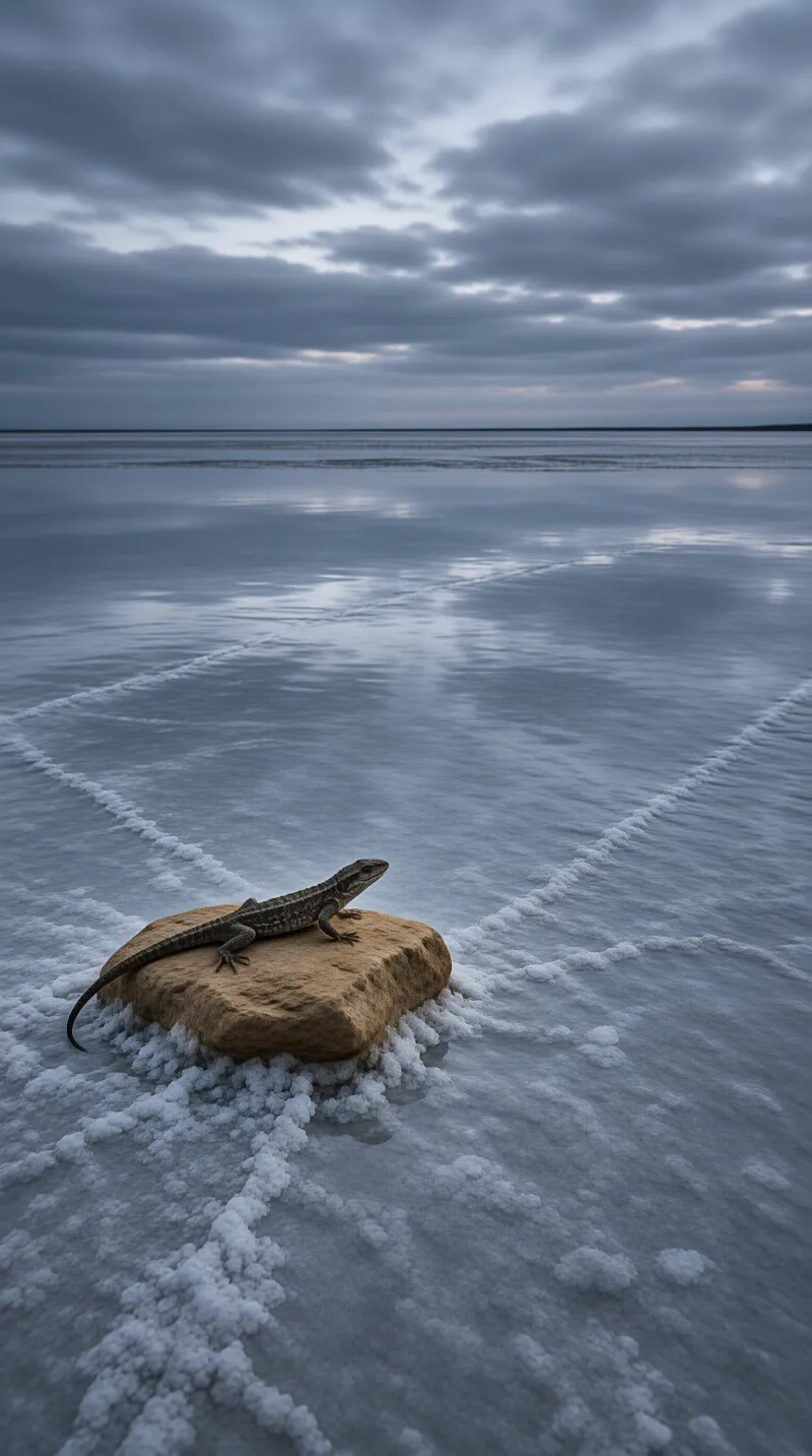 A lizard rests on a rock amid white salt crystals, with lines leading toward a horizon under a cloudy sky.
