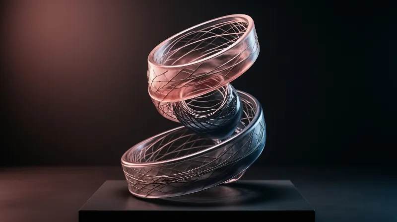 Two translucent rings etched with fine copper lattice lines rest tilted on a matte black plinth under warm side lighting.