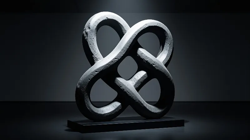 A textured knotted concrete sculpture stands on a dark square base under directional side light against a dim grey backdrop.