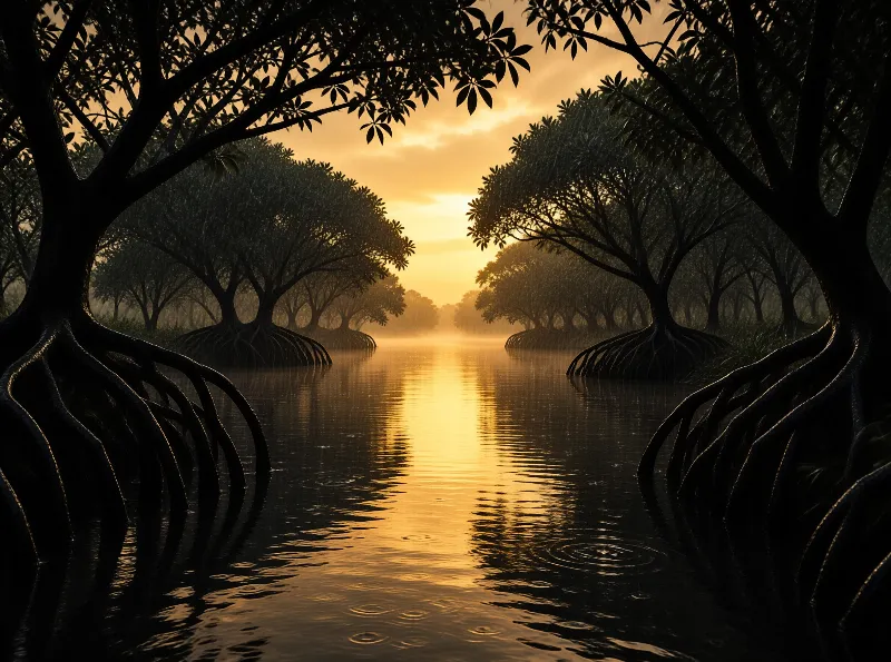 Dark tree silhouettes with thick roots line a calm river reflecting a bright orange sunset sky through the mist.