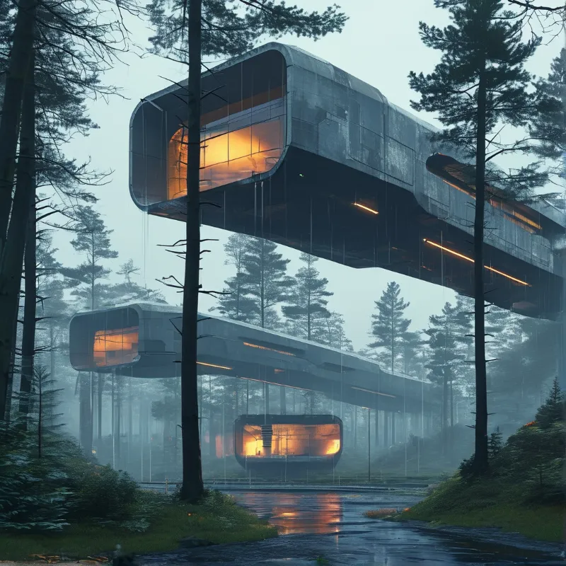 A large metallic structure hovers above a foggy forest, its glowing windows reflecting on a calm river below.