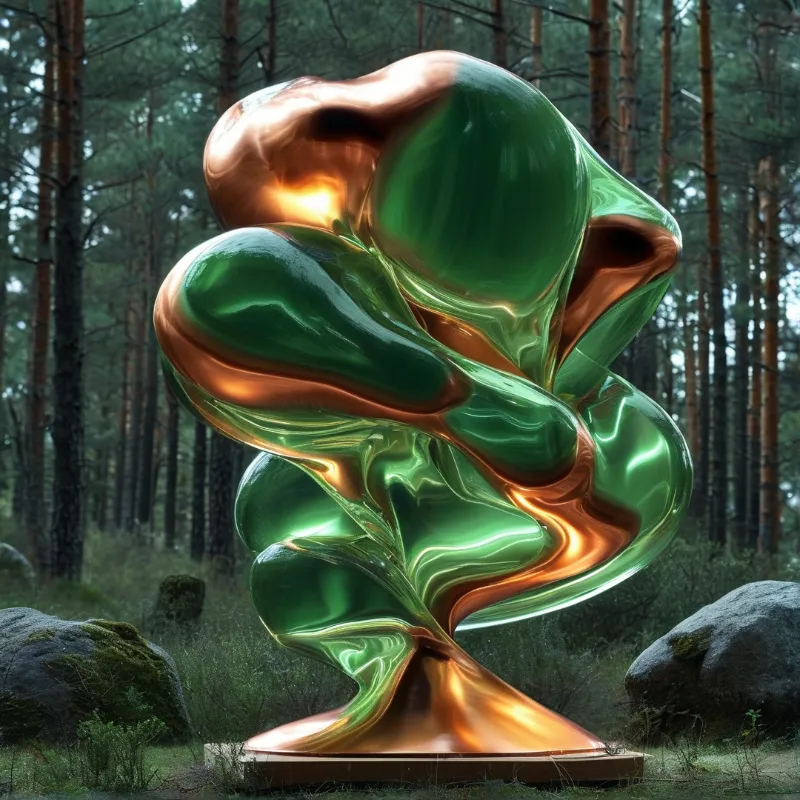 Reflective gold and green abstract sculpture standing on a wooden base in a dense pine forest.
