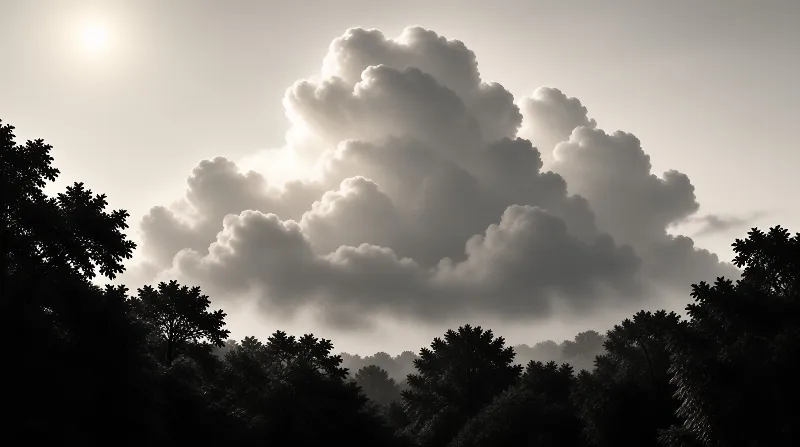 Voluminous cloud layers stack above a dark forest edge with strong sunlight illuminating the sky background.