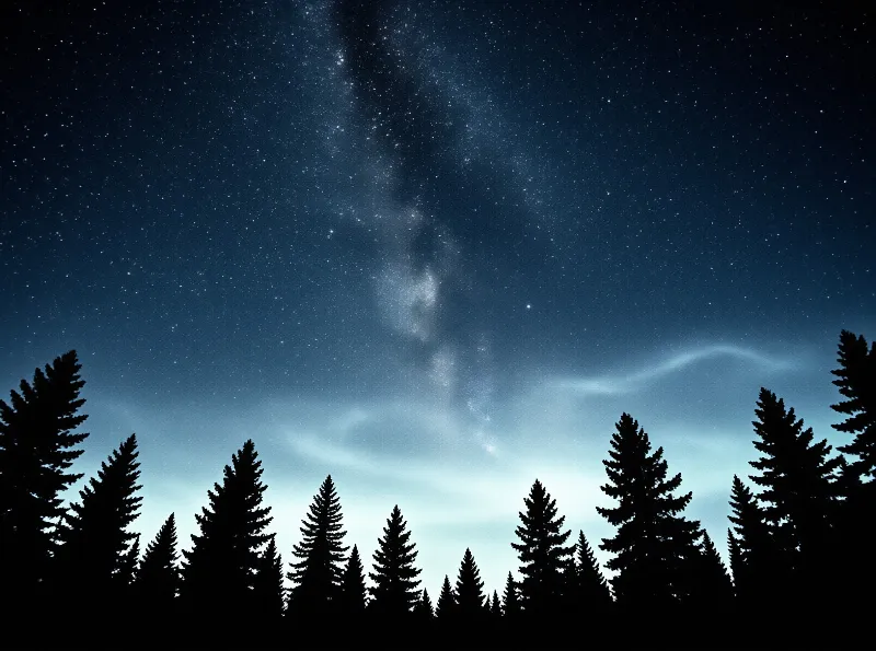 The Milky Way arcs through a deep blue night sky above a jagged silhouette of evergreen pine trees.