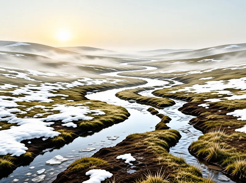 A meandering river flows across a misty grassland dotted with melting snow patches under a bright rising sun.