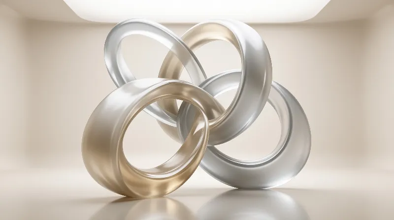 Four thick metal rings in gold and silver tones are intertwined on a plain beige surface with soft lighting.