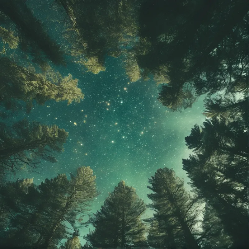 Dark evergreen branches create a circular arrangement around a deep teal night sky dotted with many glowing stars.