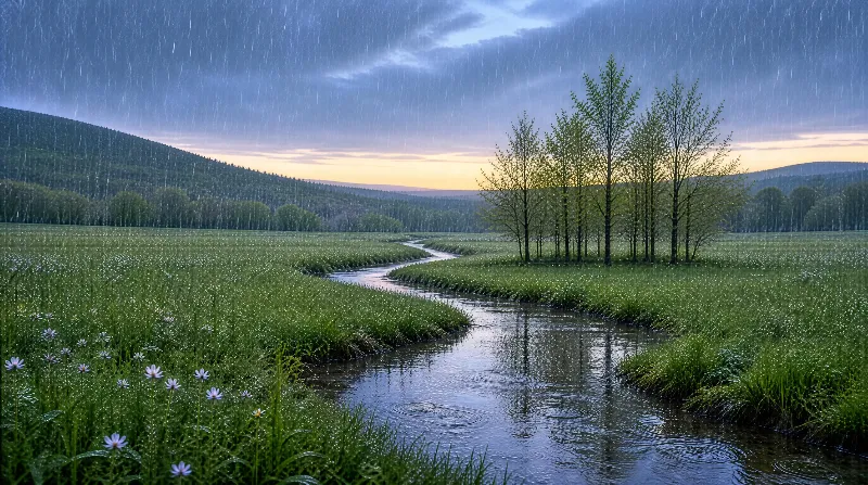 Rainy Meadow with Stream and Trees