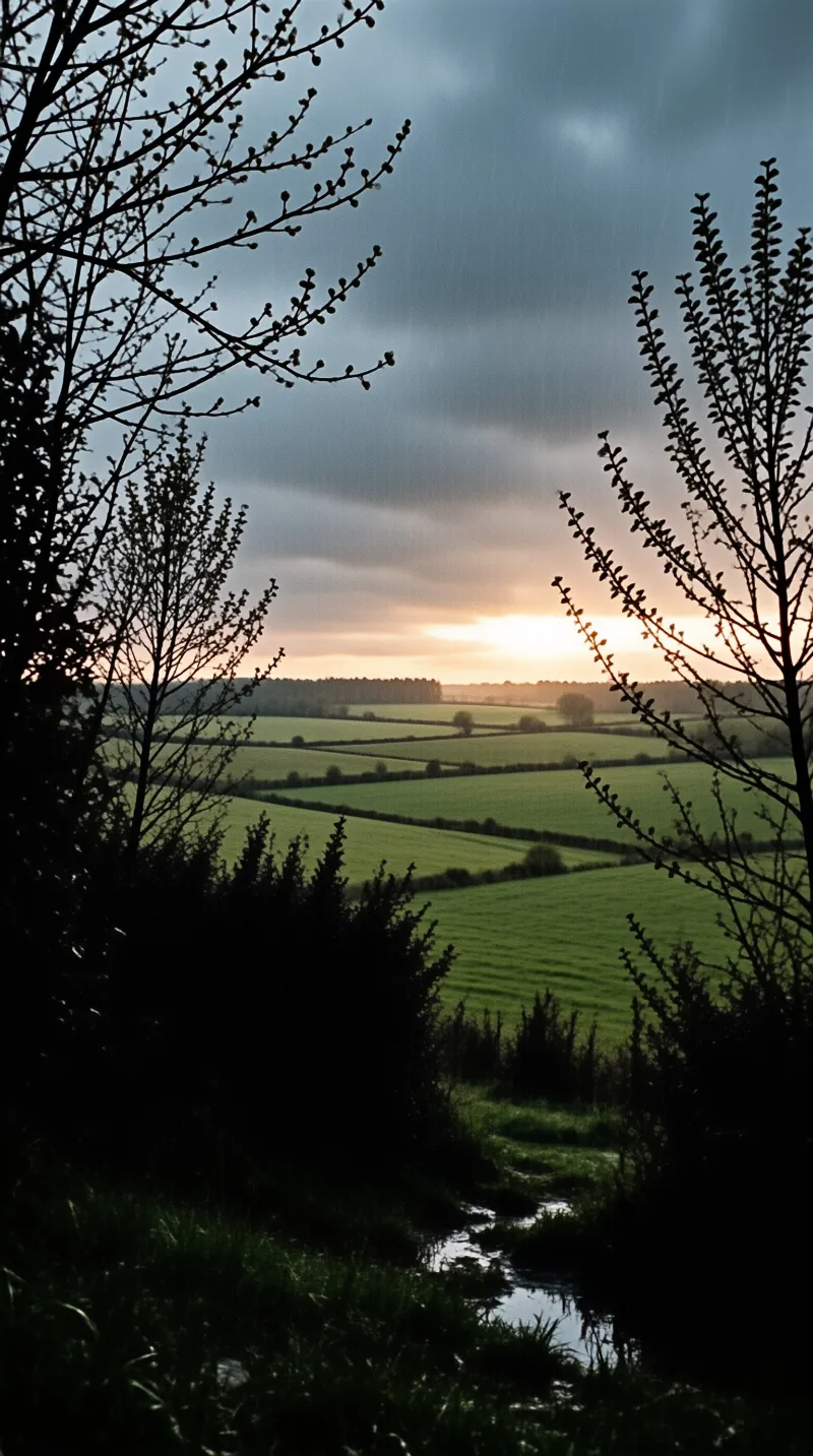 A view of rolling green farm fields at dusk framed by dark bare tree branches and a cloudy sky.