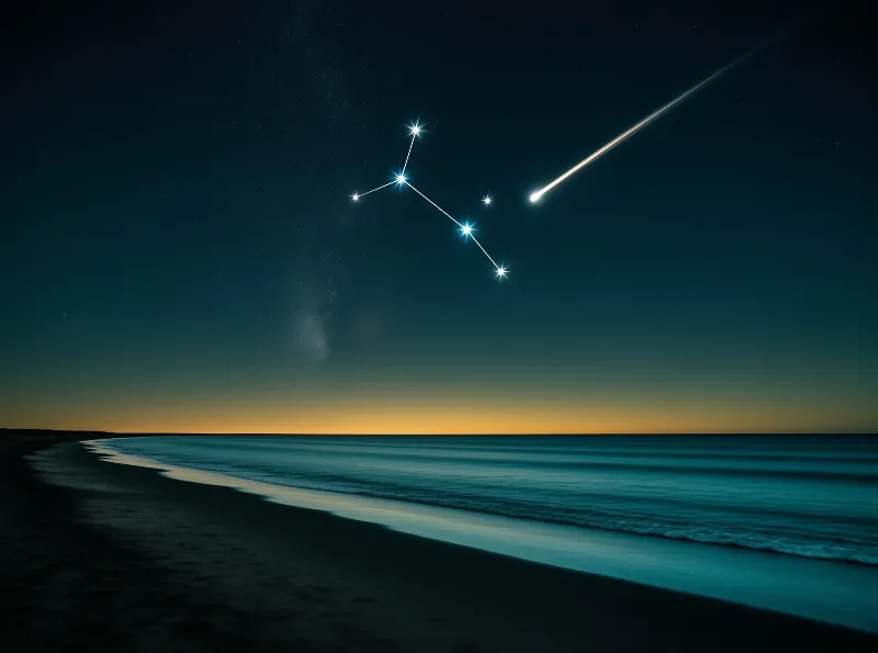 Bright meteor streaks across the night sky above a calm ocean beach with a visible constellation.