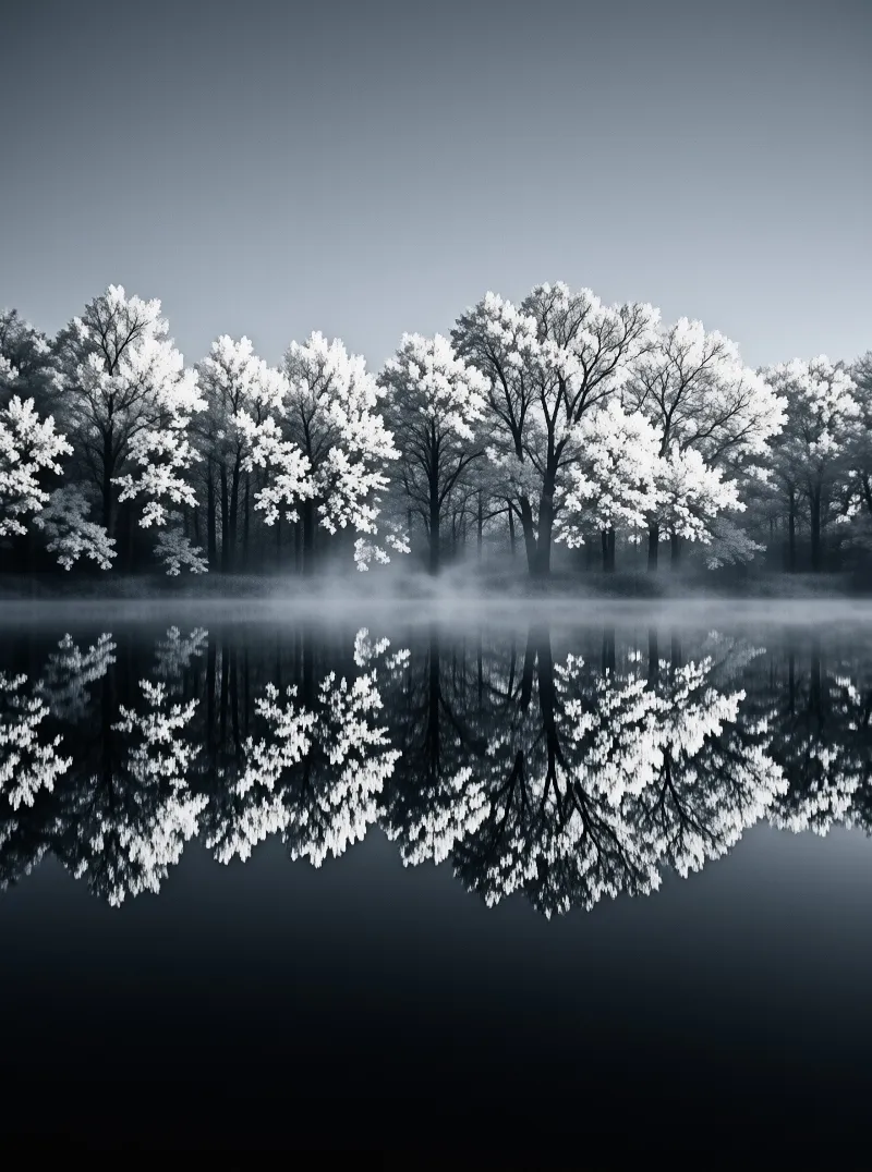 Monochrome winter landscape of frost covered trees mirrored perfectly in calm still water with low drifting fog between them