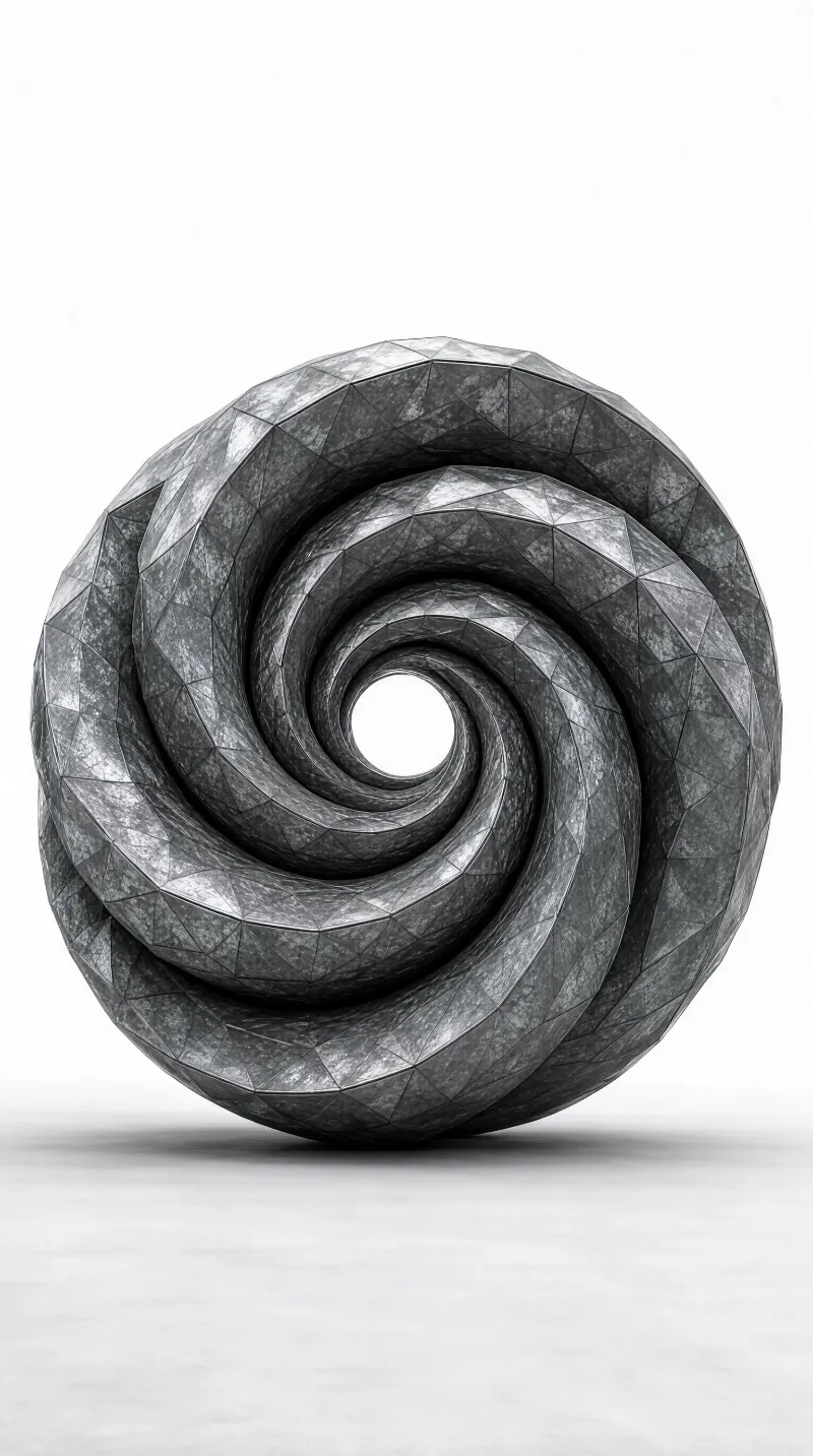 A metallic spiral sculpture with a faceted, geometric surface on a plain white background under soft studio lighting
