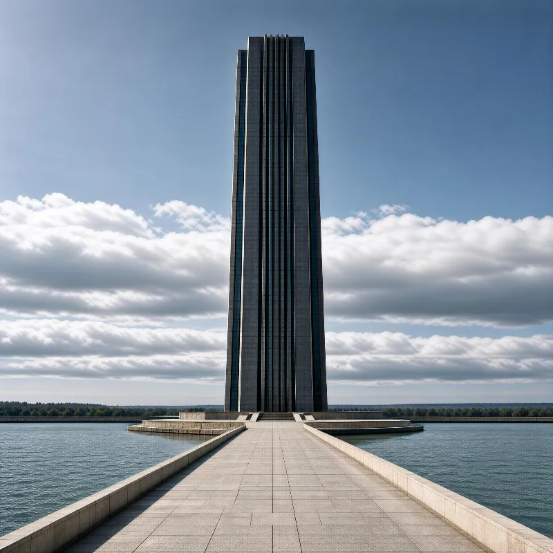 A tall concrete tower stands at the end of a stone walkway extending over calm water, with a partly cloudy sky above.