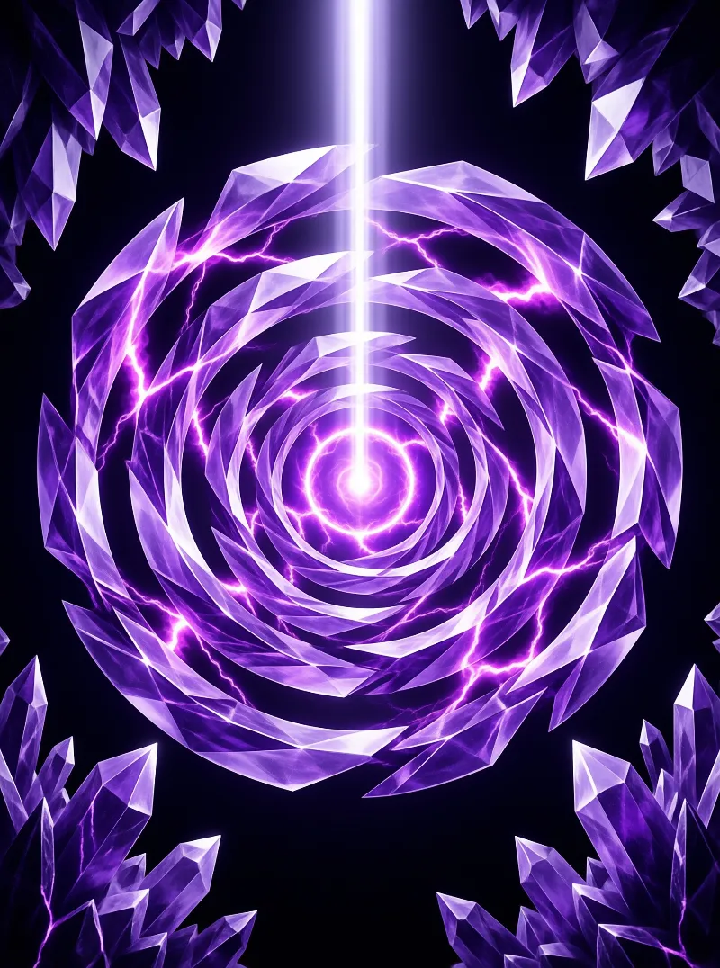 A massive ring of jagged purple crystal shards rotates around a bright white beam of light.