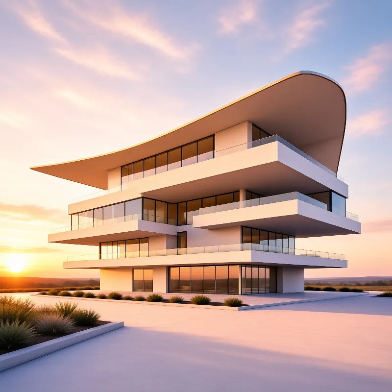 A modern white house with cantilevered balconies and a curved roof on a paved site beneath a warm sunset sky.