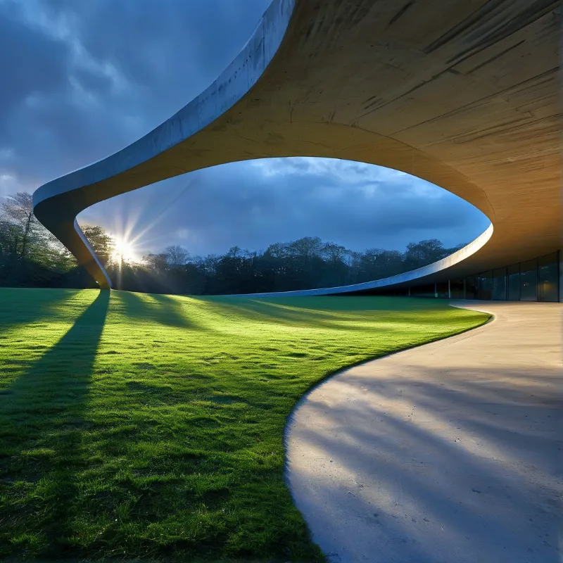 A curved concrete structure frames a sunburst over a green lawn and a curving paved walkway beneath a cloudy blue sky.