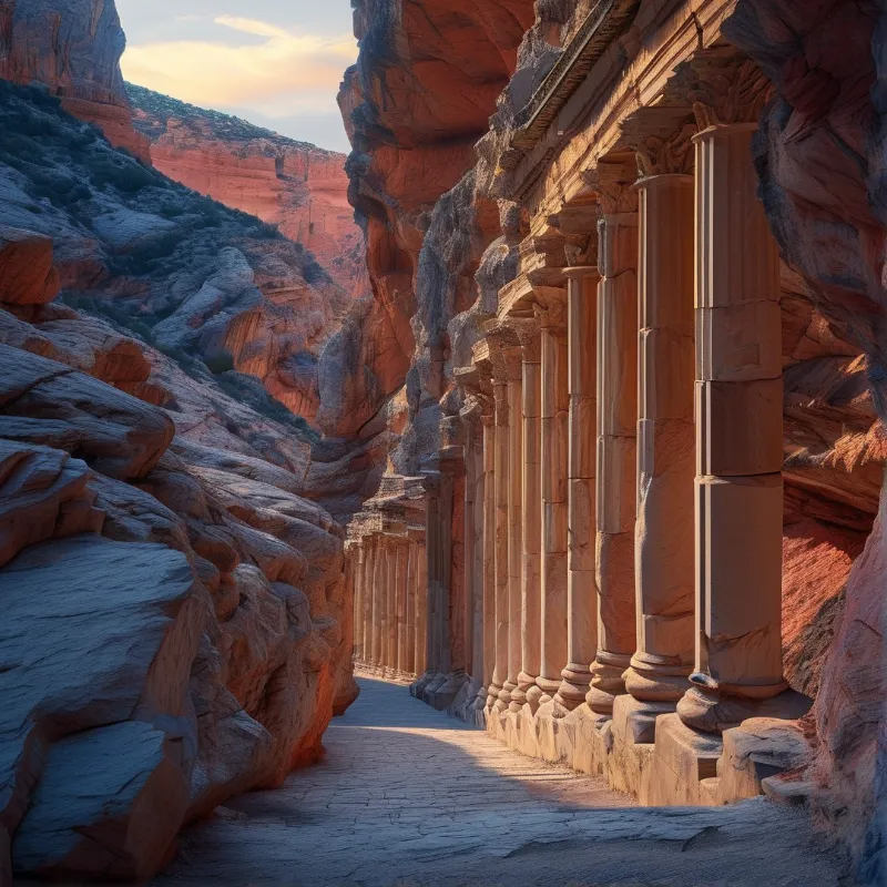 A row of classical columns carved into red sandstone lines a narrow canyon path in warm light
