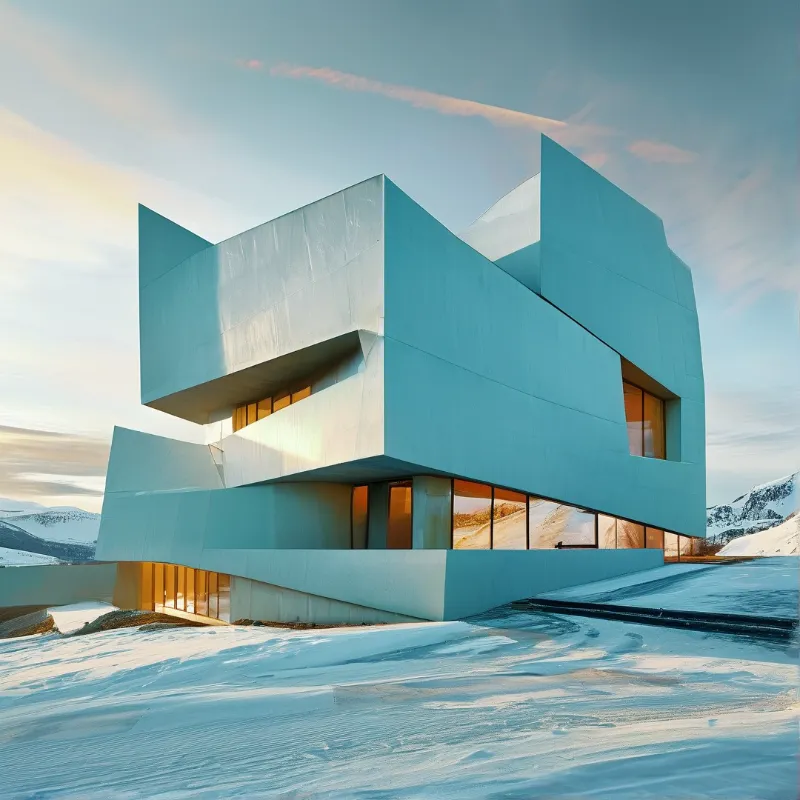 A sharp turquoise structure sits on snow with warm light glowing from its windows.