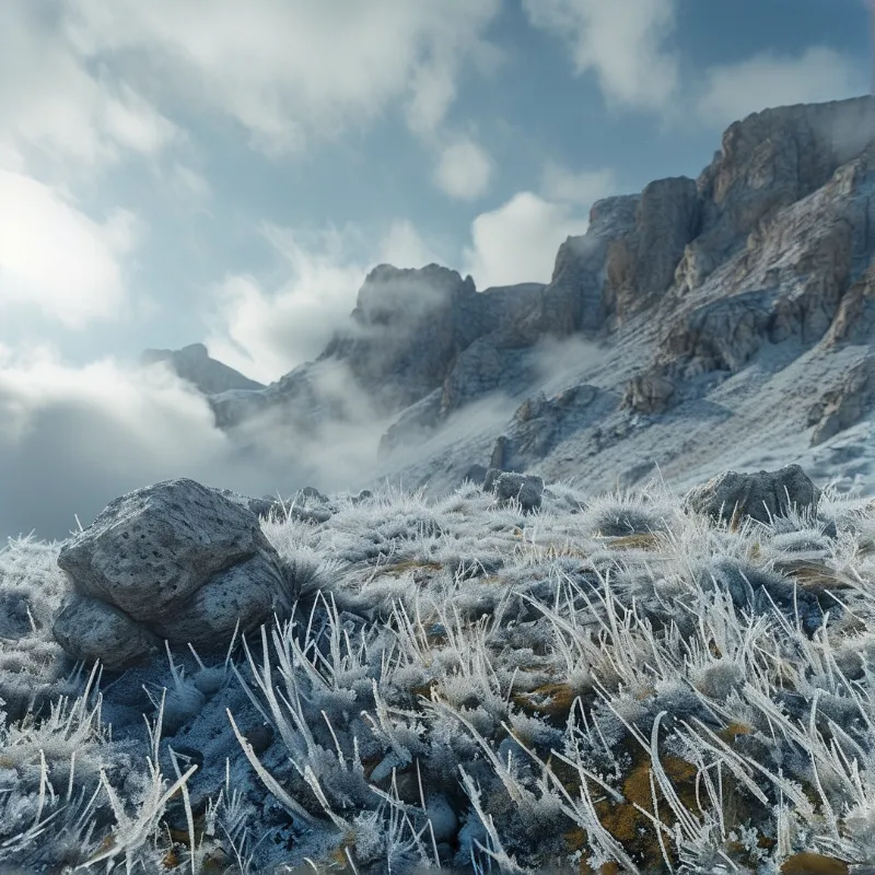 White frost coats the grass and rocks in the foreground of a steep mountain slope that disappears into drifting clouds.