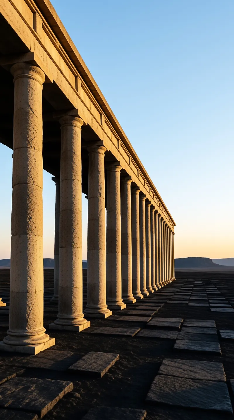 A long row of classical stone columns stands on a dark flat surface with distant mountains under a blue sky.