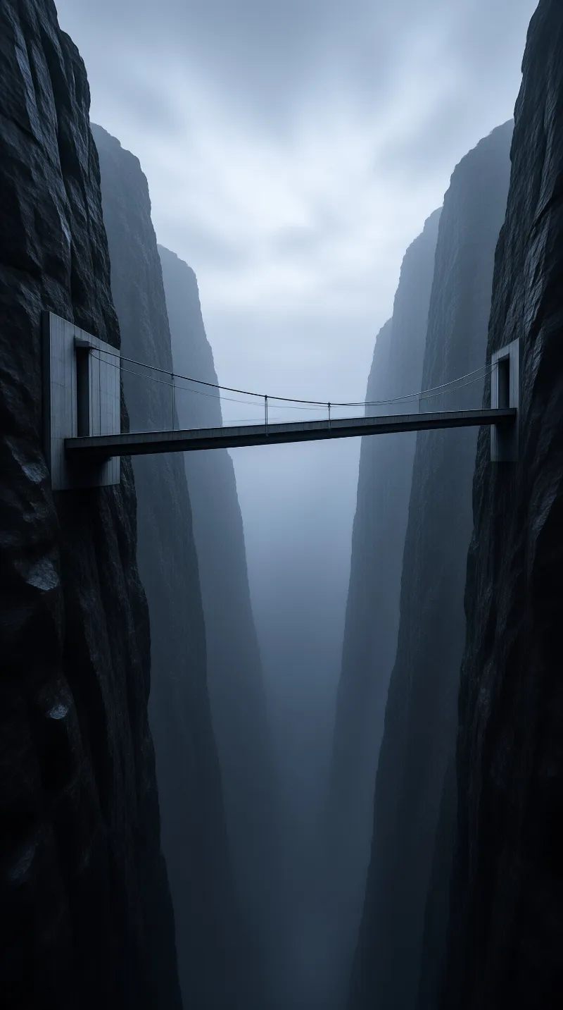 A thin suspension structure connects two vertical rock faces above a valley filled with thick blue mist