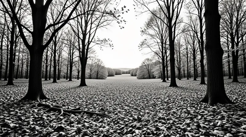 Tall dark trees frame a wide clearing blanketed in fallen leaves, with pale mist softening the distant tree line
