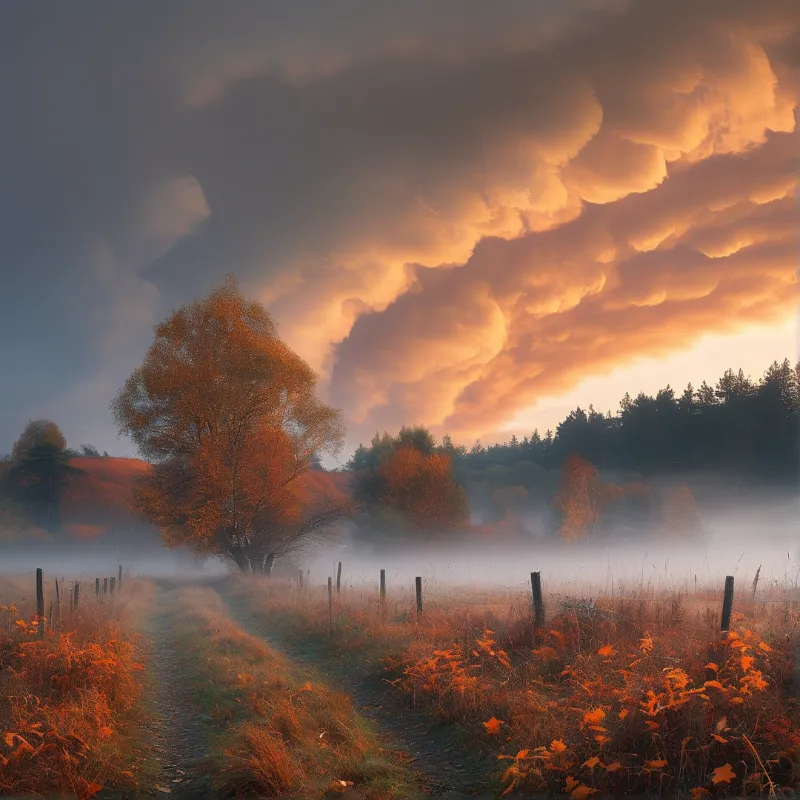 Misty Autumn Path at Sunset