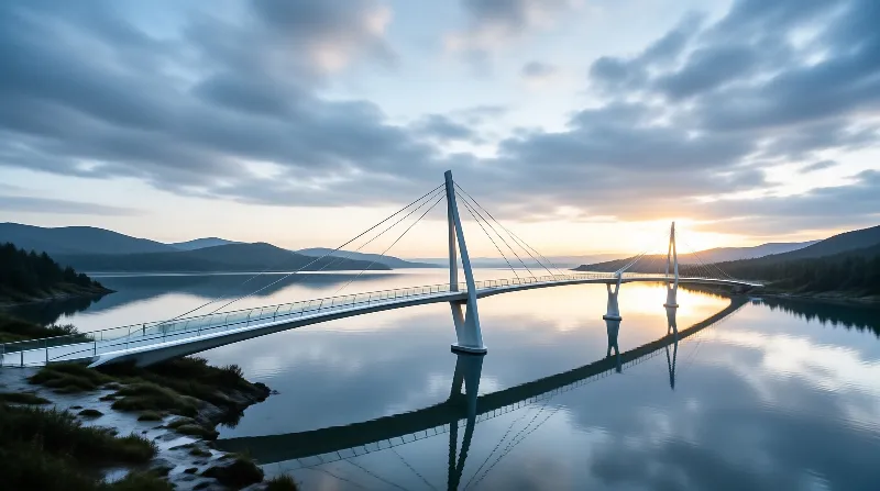 A white bridge stretches across calm waters surrounded by forested hills under a golden sunset sky.