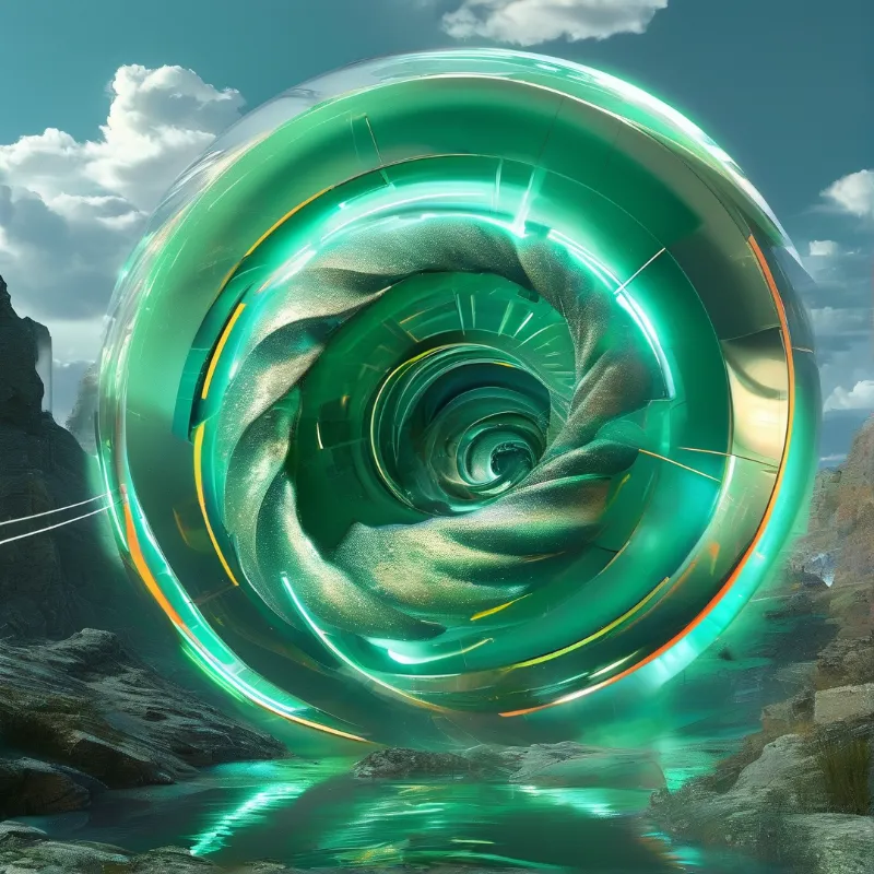A massive glowing green mechanical tunnel stands in a rocky canyon reflecting in the water.