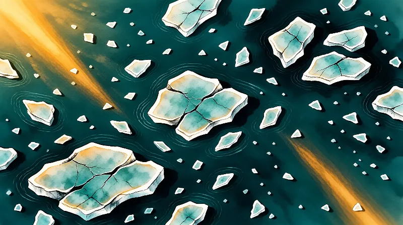 Floating ice fragments drift across dark teal water with diagonal golden light beams.