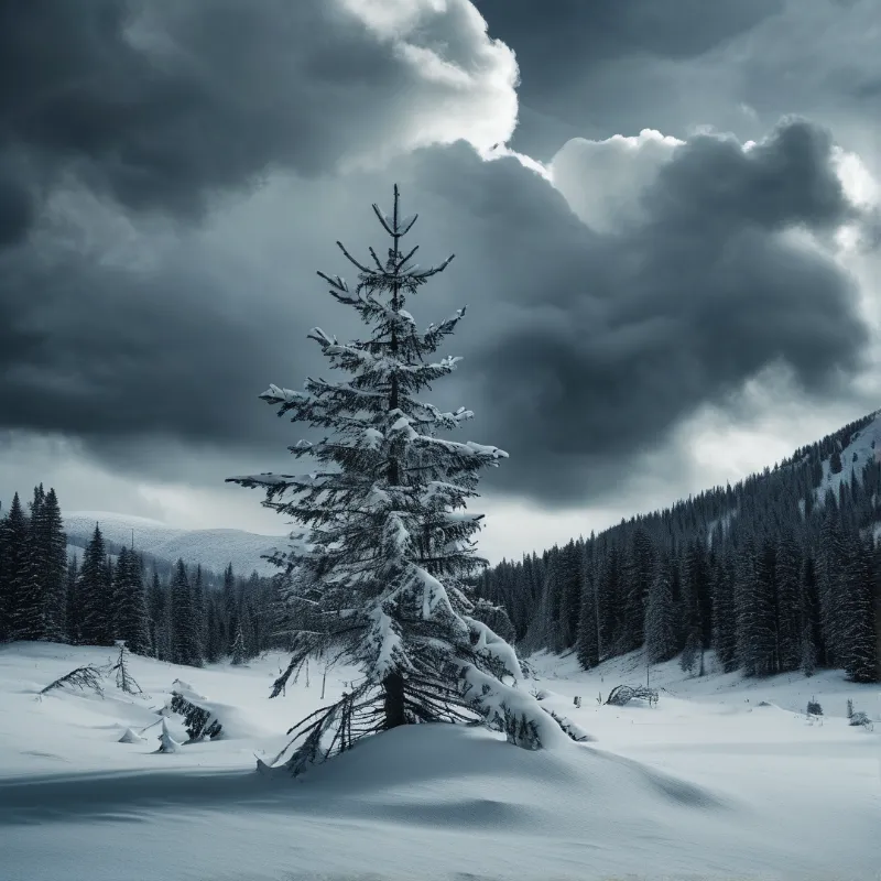 A solitary snow-covered pine tree stands in a white valley beneath a dramatic sky filled with heavy dark clouds.