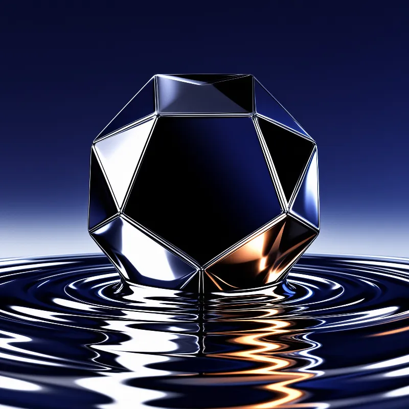 A dark glossy dodecahedron floats on dark rippled water, reflecting white and warm orange highlights against a blue gradient.