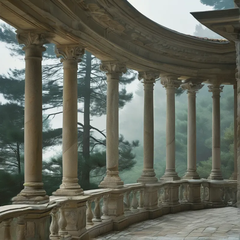 An ornate colonnade of weathered columns and a carved balustrade sweeps around a foggy evergreen hillside