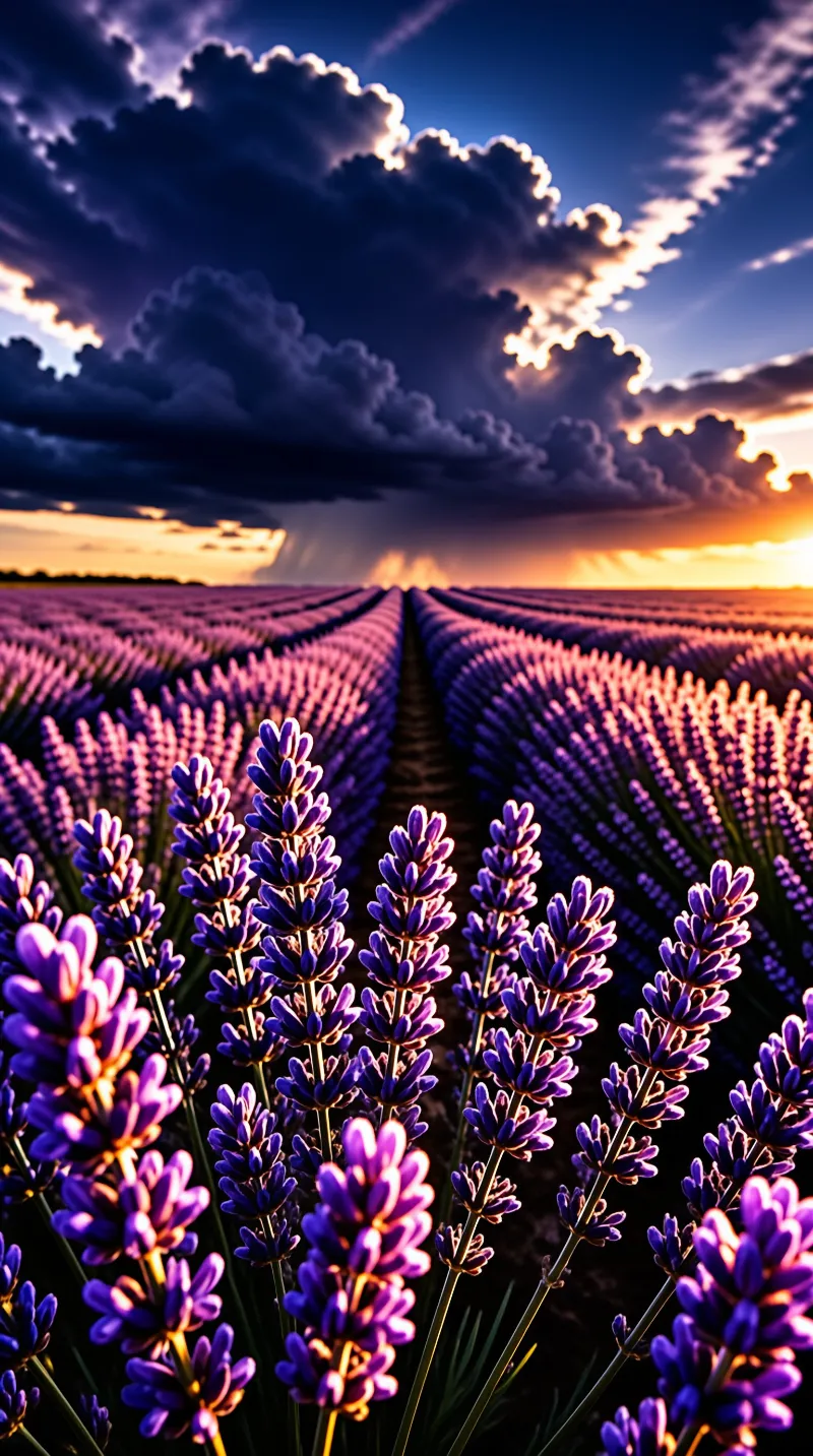 Purple lavender rows stretch toward the horizon beneath heavy clouds illuminated by the warm light of sunset.
