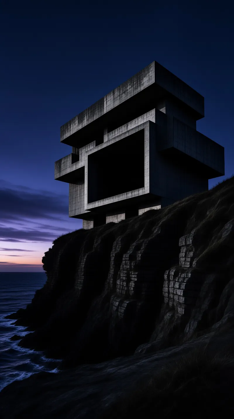 A massive geometric concrete structure with a large rectangular void perched on a dark sea cliff under a twilight sky.