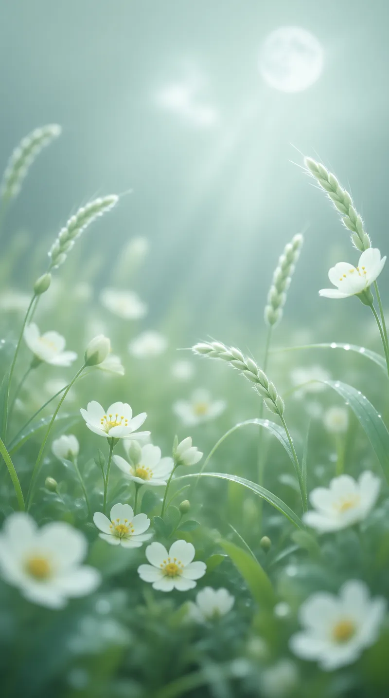 Misty Meadow of White Blossoms