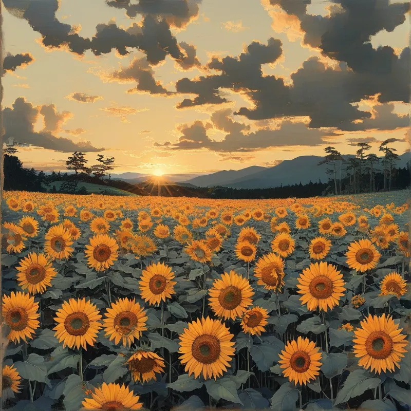 Vast meadow of yellow blooms stretching towards distant mountains while the sun dips below the horizon.