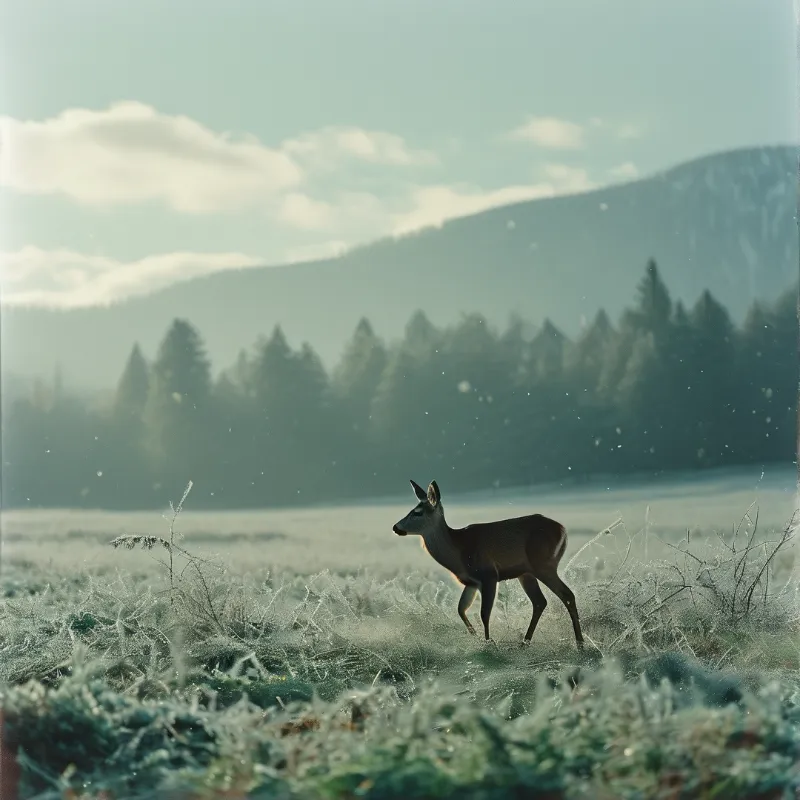 A lone deer stands alert in a frosty field while fog obscures the distant forest and mountain range under soft light.